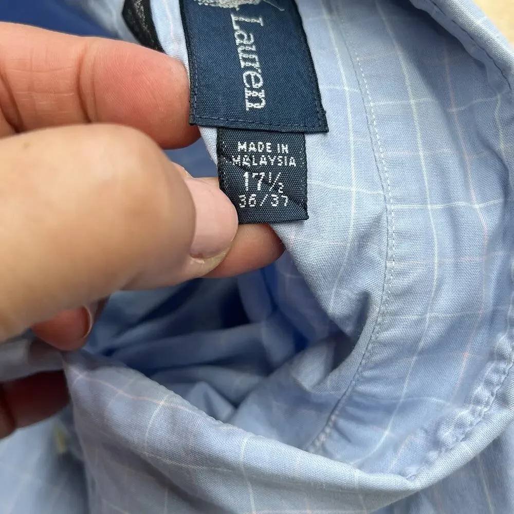 Vintage Ralph Lauren Yarmouth Shirt 17.5 36/37 Lightweight Blue Plaid Career